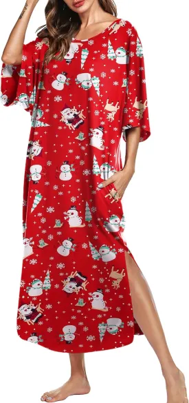 Ekouaer Women's Nightgown Short Sleeve Sleepshirt Long Loungewear Casual Maxi Lounge Dress House Dresses with Pockets