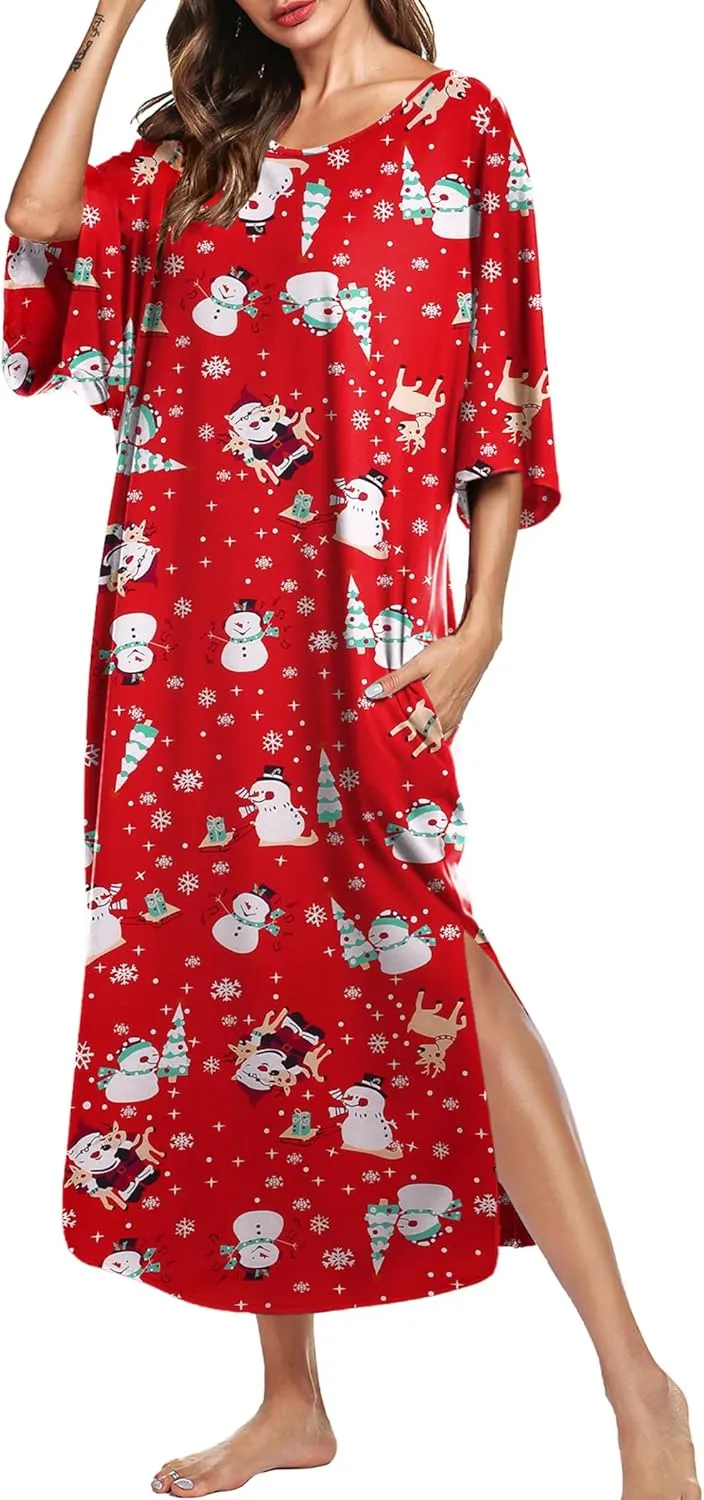 Ekouaer Women's Nightgown Short Sleeve Sleepshirt Long Loungewear Casual Maxi Lounge Dress House Dresses with Pockets