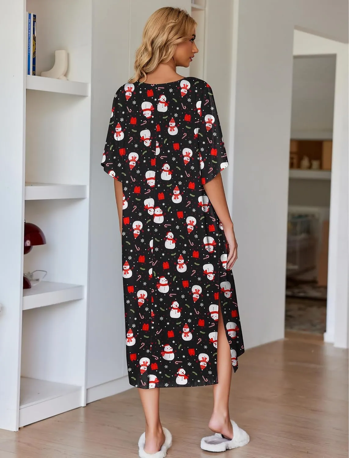Ekouaer Women's Nightgown Short Sleeve Sleepshirt Long Loungewear Casual Maxi Lounge Dress House Dresses with Pockets