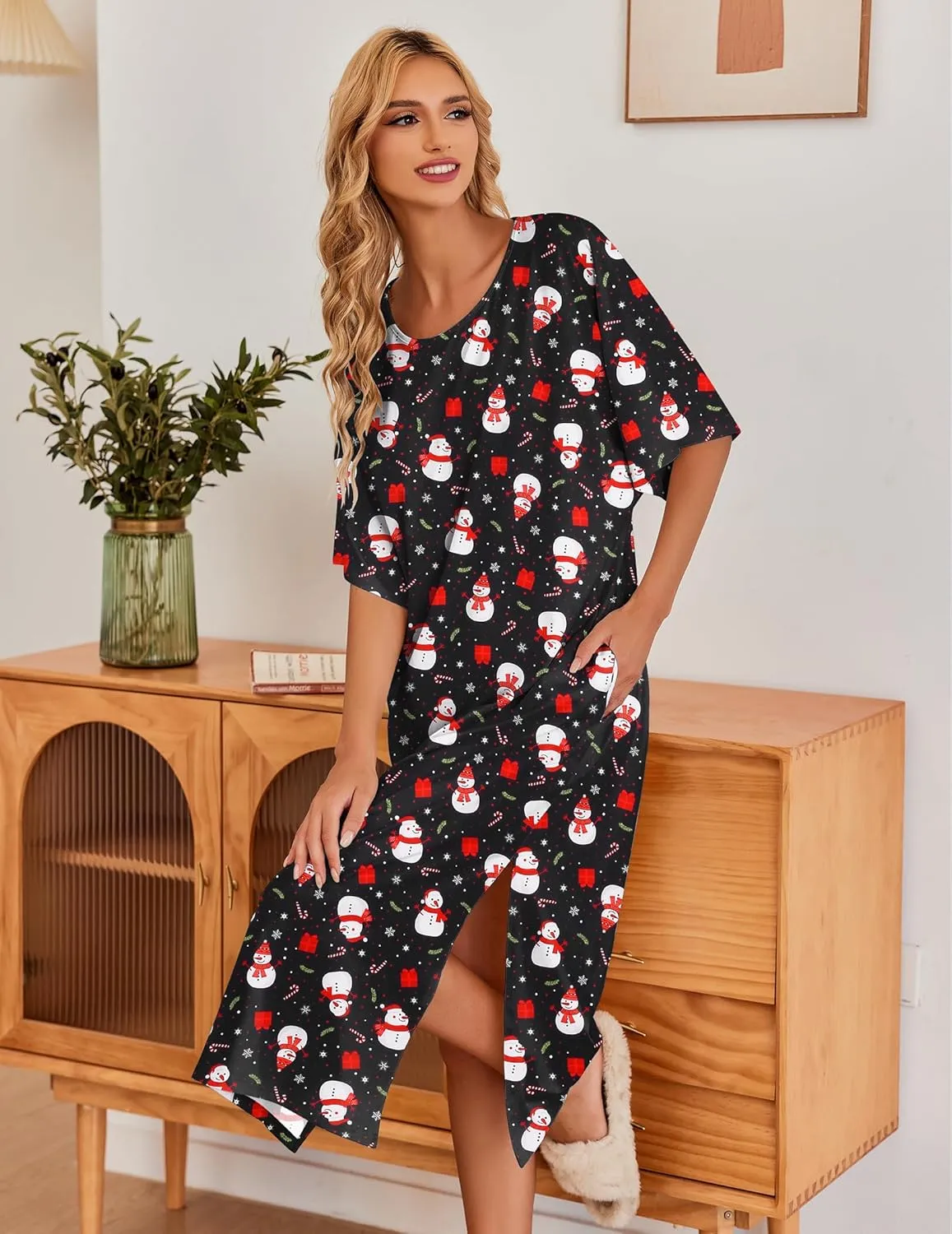 Ekouaer Women's Nightgown Short Sleeve Sleepshirt Long Loungewear Casual Maxi Lounge Dress House Dresses with Pockets