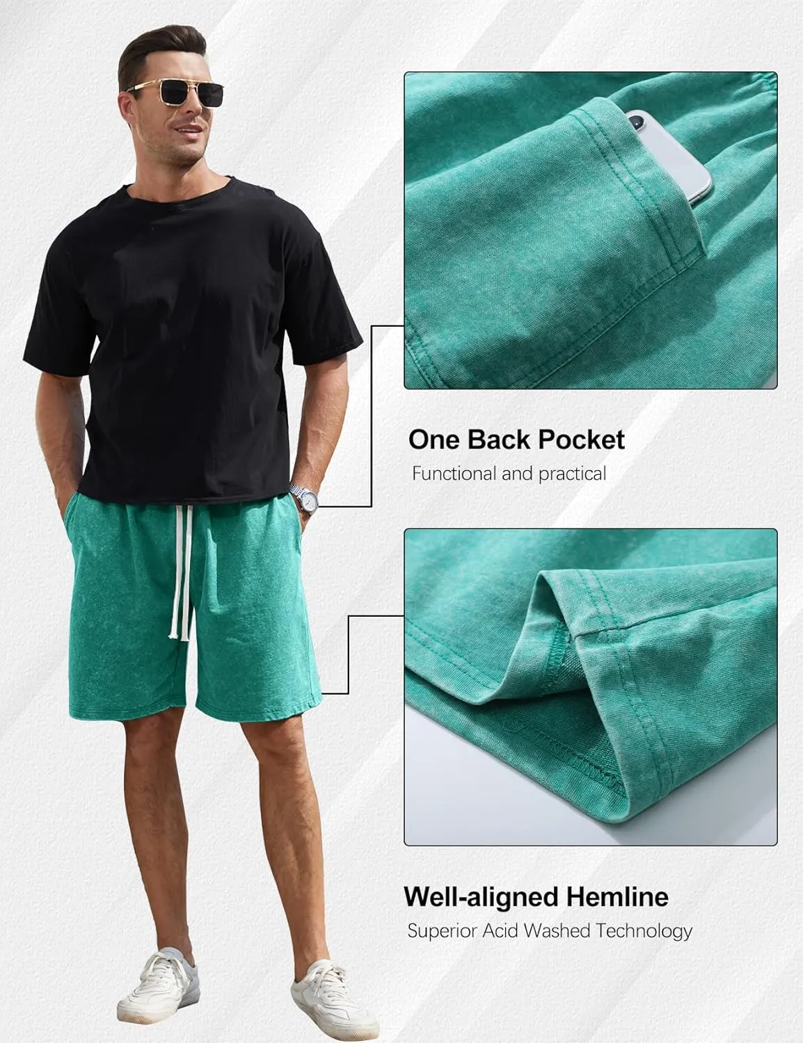 Flygo Mens Sweat Shorts Athletic Acid Washed Cotton Gym Short Elastic Waist Drawstring Workout Jogger Pants with Pockets