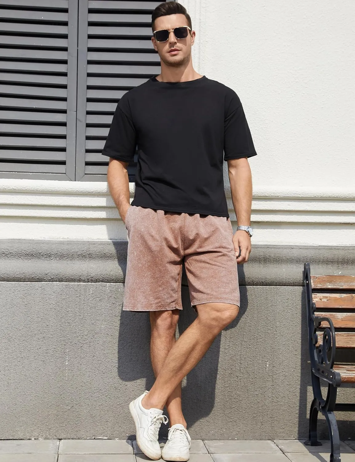 Flygo Mens Sweat Shorts Athletic Acid Washed Cotton Gym Short Elastic Waist Drawstring Workout Jogger Pants with Pockets