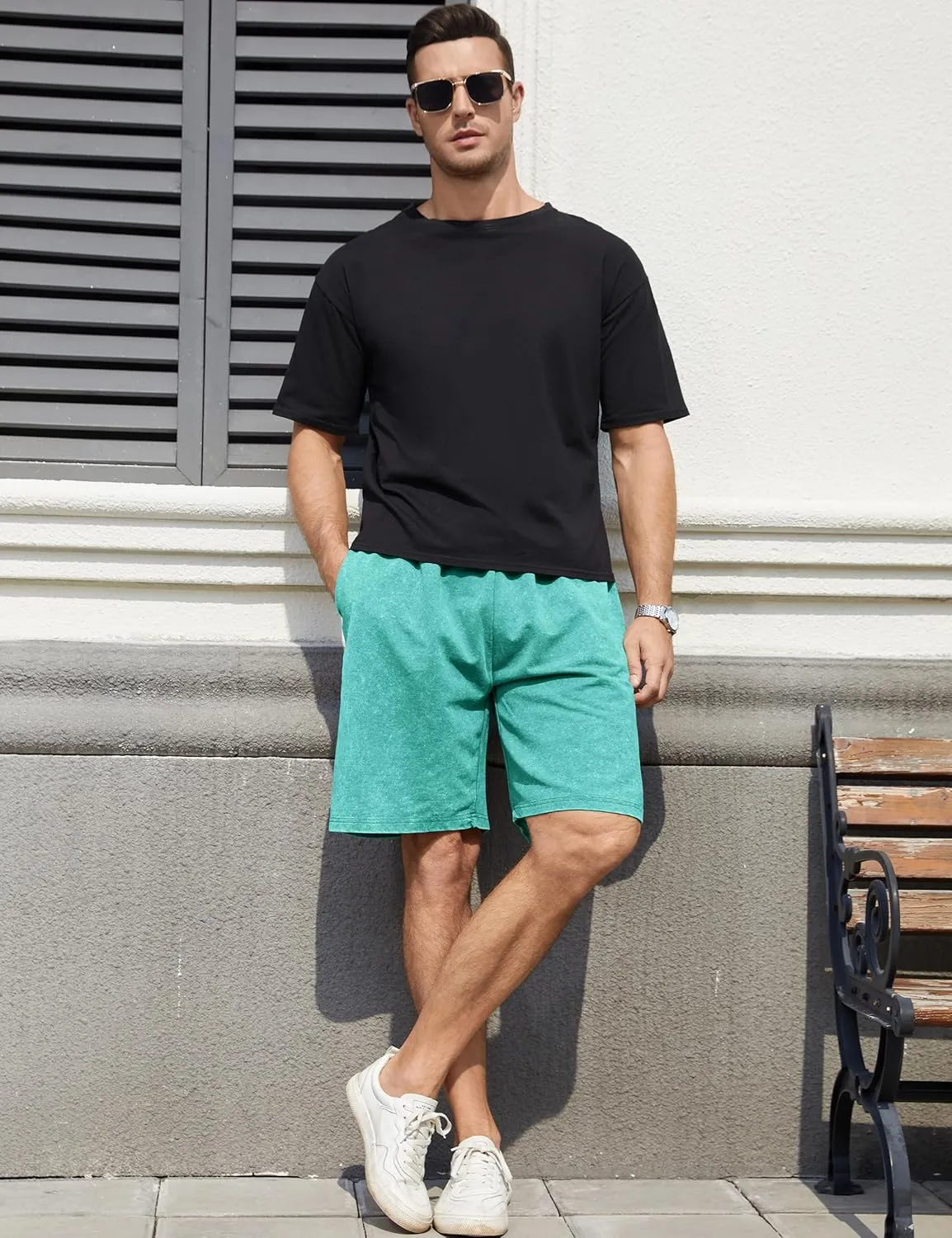 Flygo Mens Sweat Shorts Athletic Acid Washed Cotton Gym Short Elastic Waist Drawstring Workout Jogger Pants with Pockets