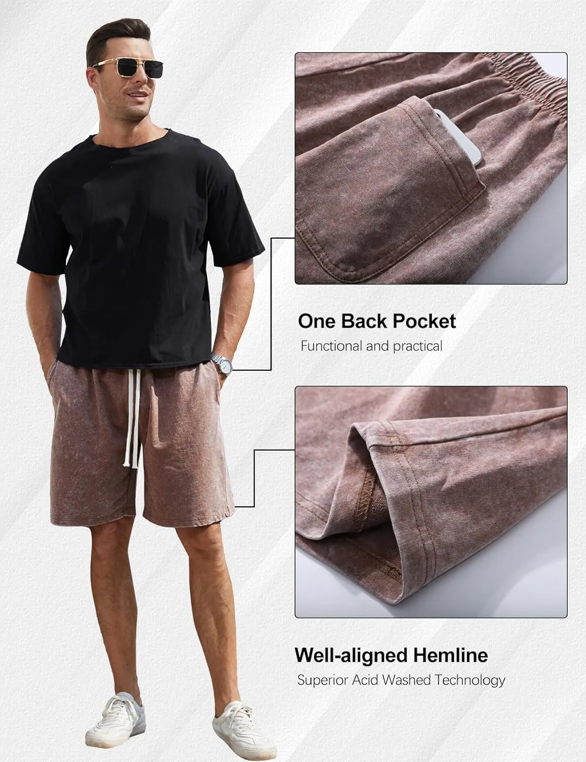 Flygo Mens Sweat Shorts Athletic Acid Washed Cotton Gym Short Elastic Waist Drawstring Workout Jogger Pants with Pockets