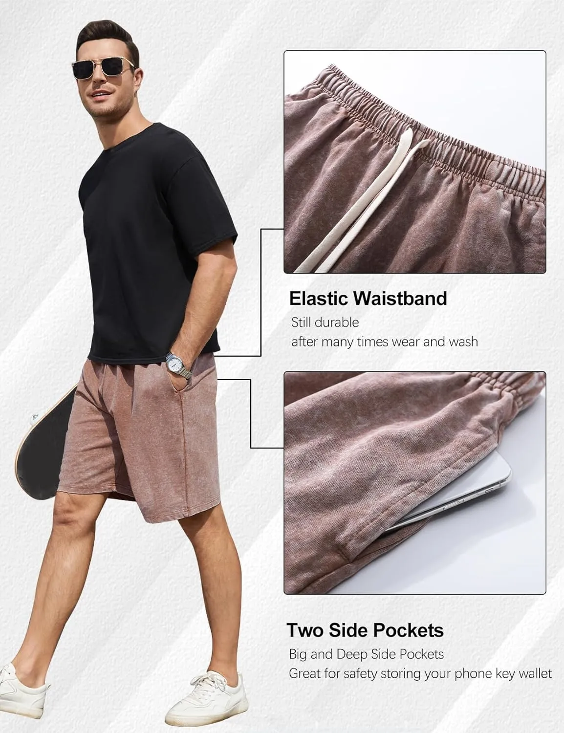 Flygo Mens Sweat Shorts Athletic Acid Washed Cotton Gym Short Elastic Waist Drawstring Workout Jogger Pants with Pockets