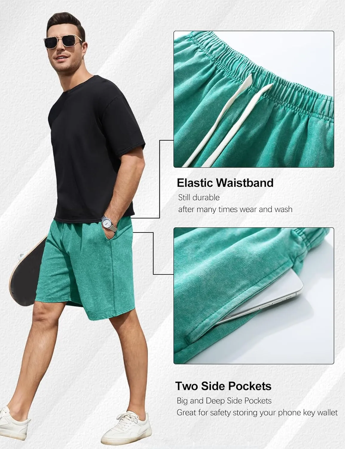 Flygo Mens Sweat Shorts Athletic Acid Washed Cotton Gym Short Elastic Waist Drawstring Workout Jogger Pants with Pockets