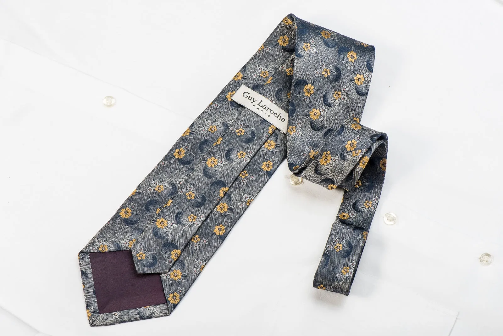 Guy Laroche Men's Silk Tie Yellow Floral On Silver With Pink Sparkles