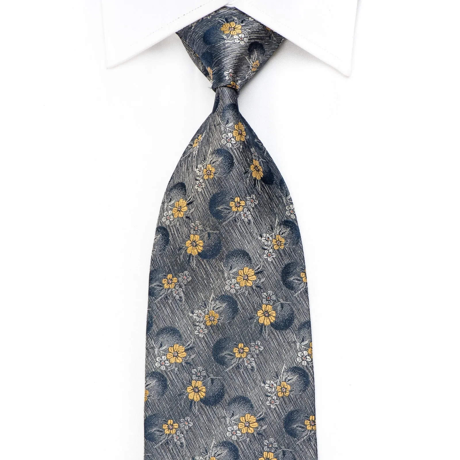 Guy Laroche Men's Silk Tie Yellow Floral On Silver With Pink Sparkles