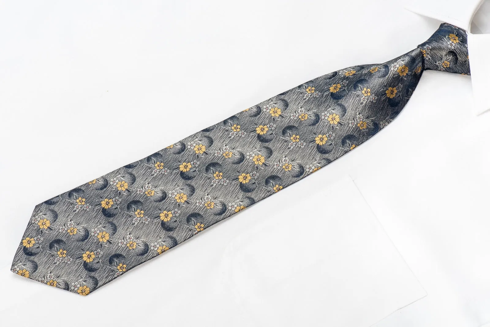 Guy Laroche Men's Silk Tie Yellow Floral On Silver With Pink Sparkles