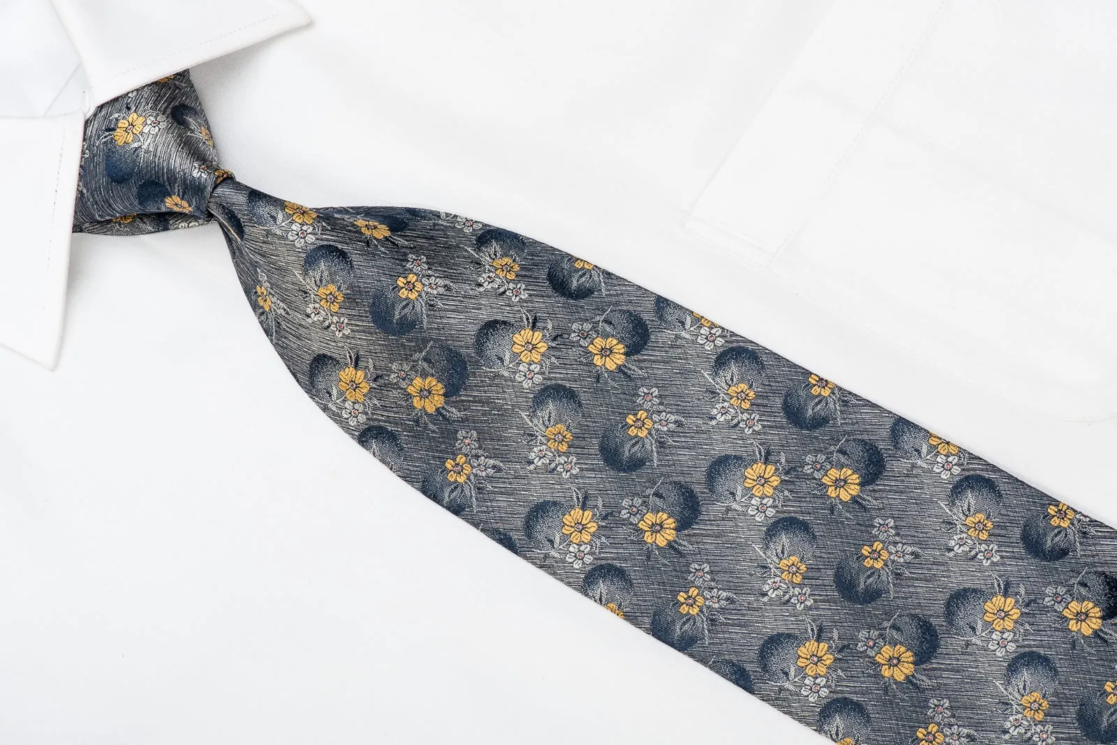 Guy Laroche Men's Silk Tie Yellow Floral On Silver With Pink Sparkles