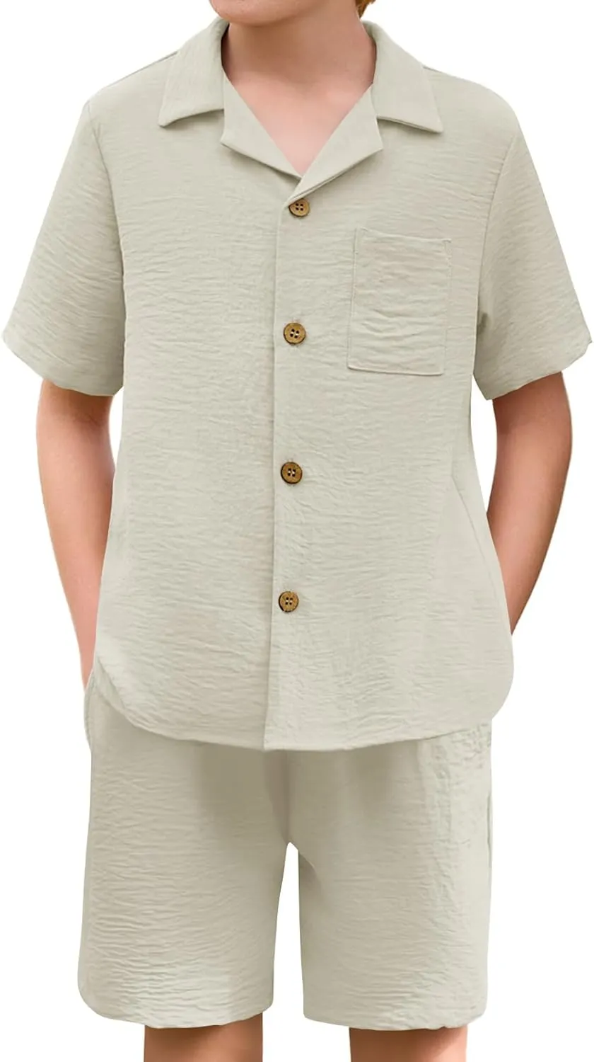 Haloumoning Boys 2 Pieces Summer Outfits Beach Short Sleeve Button Down Shirts and Shorts Vacation Texture Sets for Kids