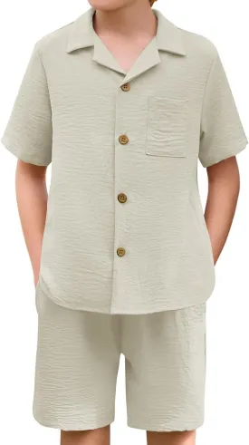 Haloumoning Boys 2 Pieces Summer Outfits Beach Short Sleeve Button Down Shirts and Shorts Vacation Texture Sets for Kids