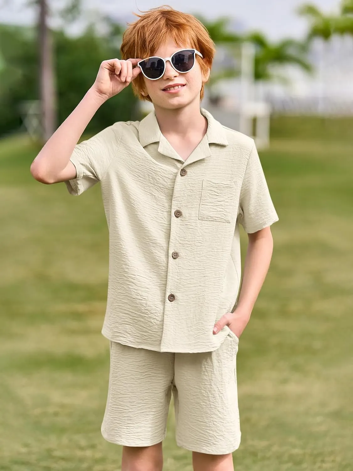 Haloumoning Boys 2 Pieces Summer Outfits Beach Short Sleeve Button Down Shirts and Shorts Vacation Texture Sets for Kids