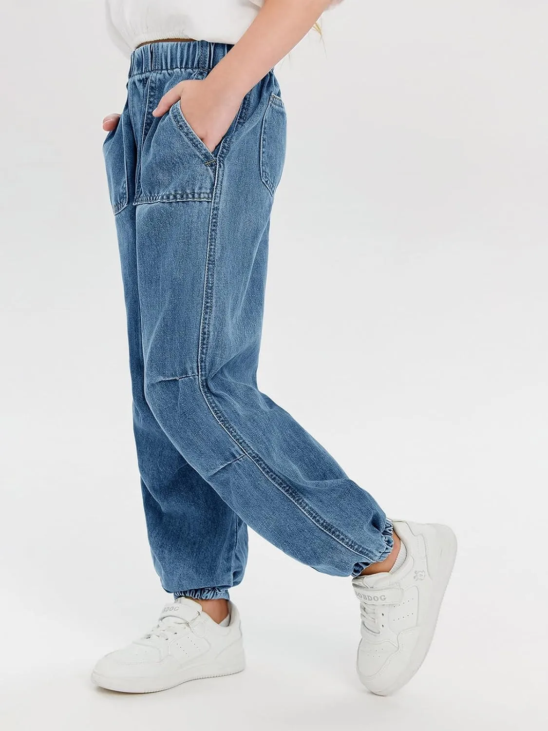 Haloumoning Girls Casual Denim Pants High Waist Jogger Jeans with Pocket 5-14 Years