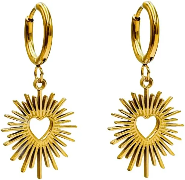 Heart Sunburst Dangle Hoop Earrings, Cute gold Plated Earrings, Fashion Personality Jewelry For Women