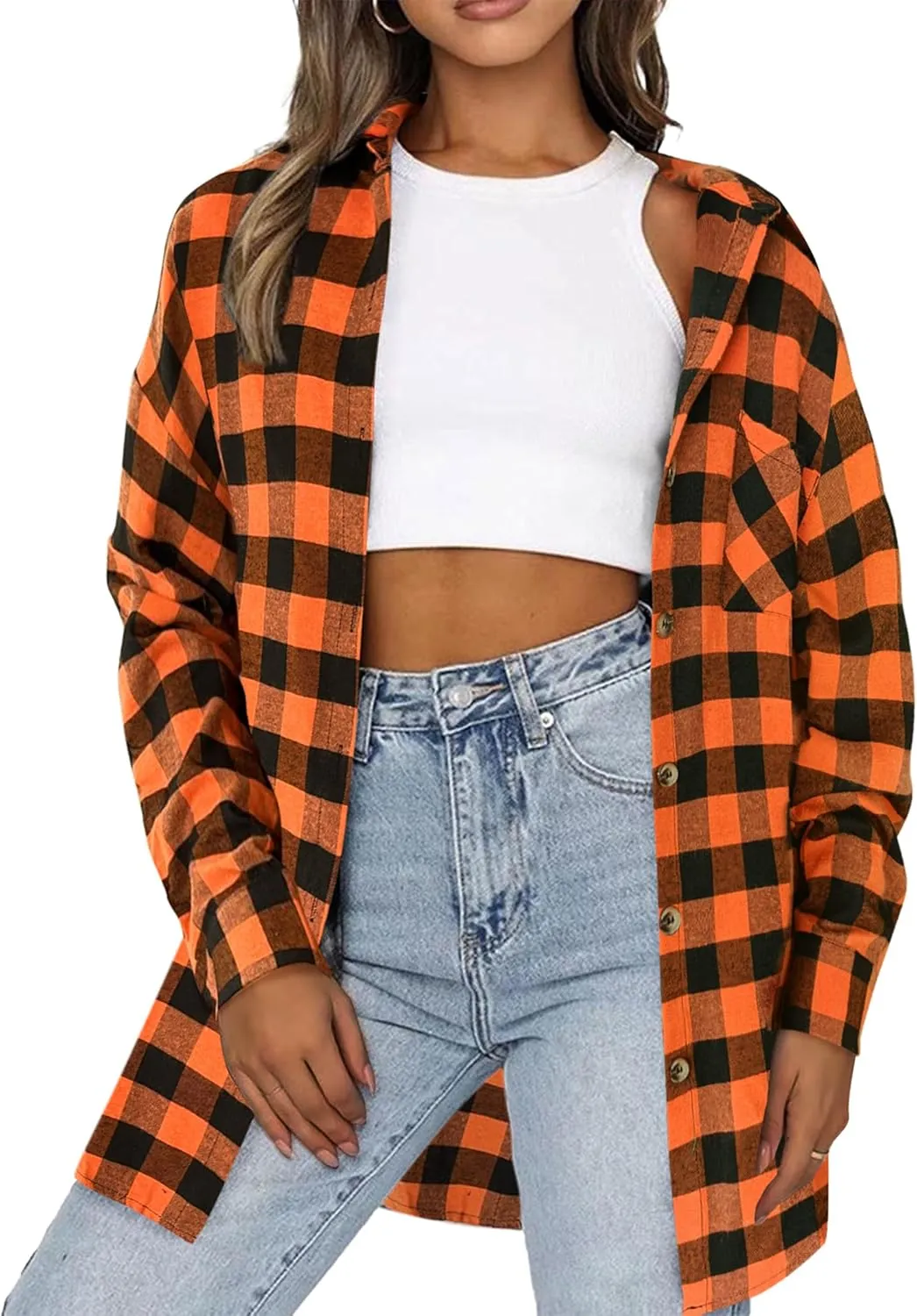 HOTOUCH Womens Flannel Plaid Shirts Cotton Casual Long Sleeve Blouse Classic Collared Button Down 2025 Fall Tops S-2XL