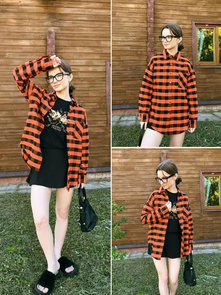 HOTOUCH Womens Flannel Plaid Shirts Cotton Casual Long Sleeve Blouse Classic Collared Button Down 2025 Fall Tops S-2XL