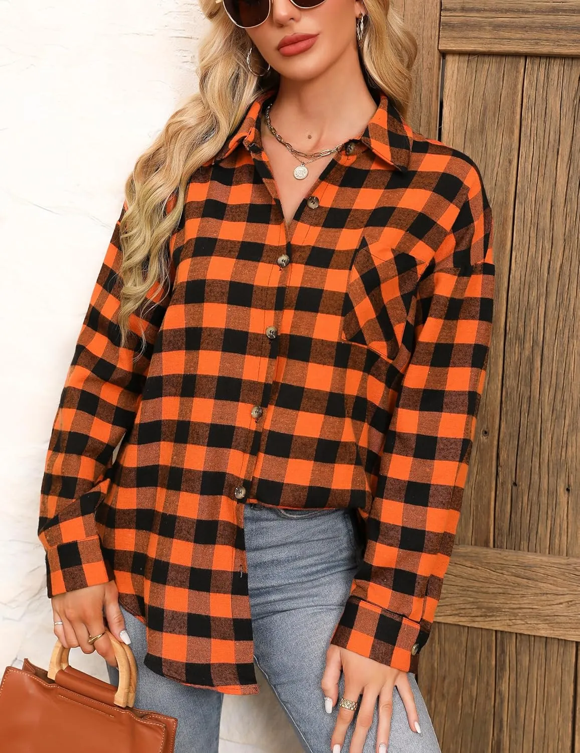 HOTOUCH Womens Flannel Plaid Shirts Cotton Casual Long Sleeve Blouse Classic Collared Button Down 2025 Fall Tops S-2XL