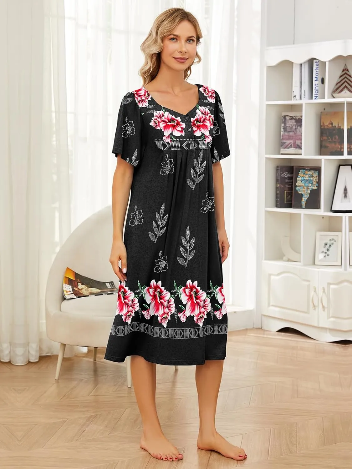 House Dresses for Women with Pockets Moo Moo Nightgown Short Sleeve Mumu Dress Lounge Dress S-5XL