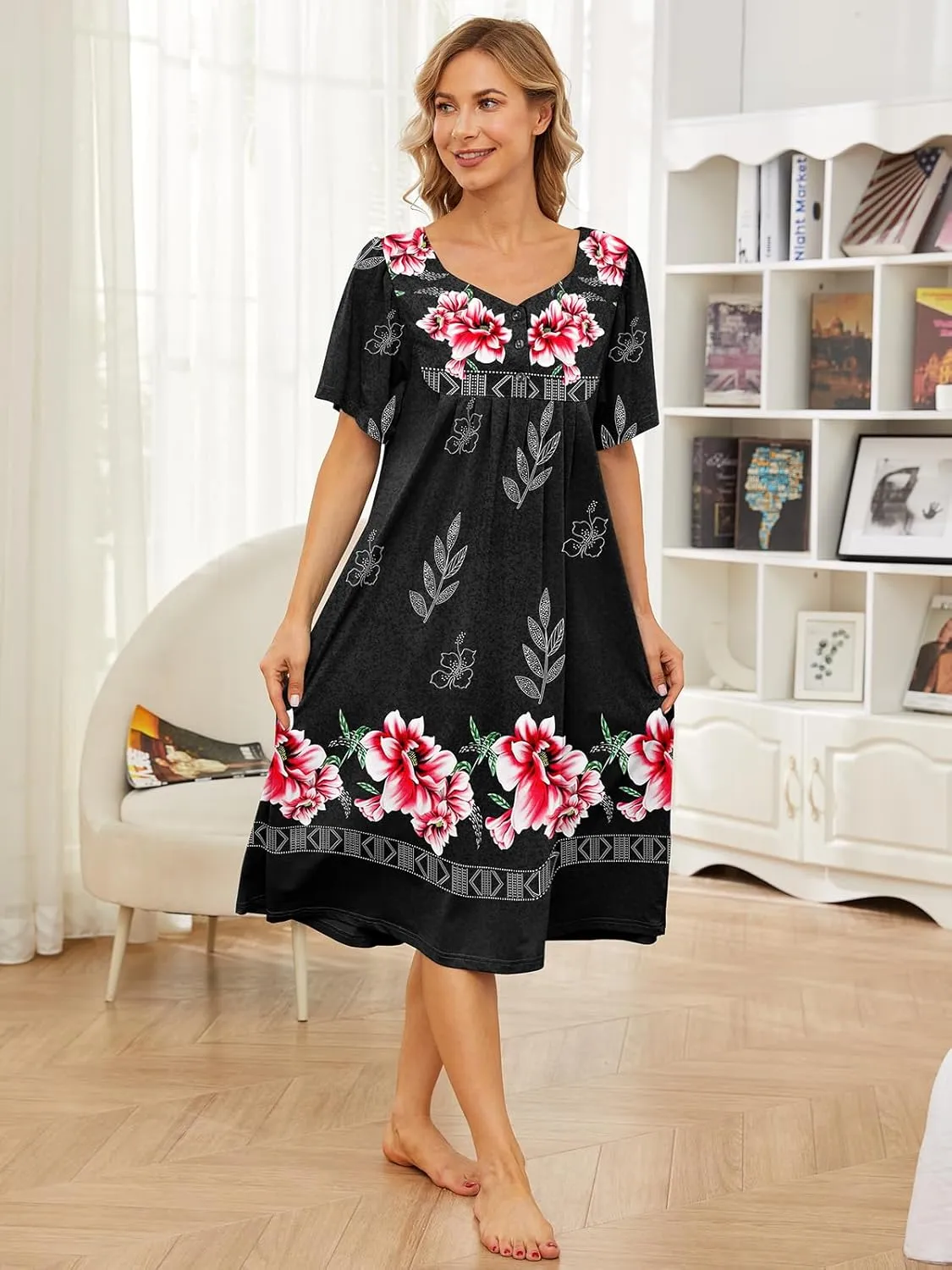 House Dresses for Women with Pockets Moo Moo Nightgown Short Sleeve Mumu Dress Lounge Dress S-5XL