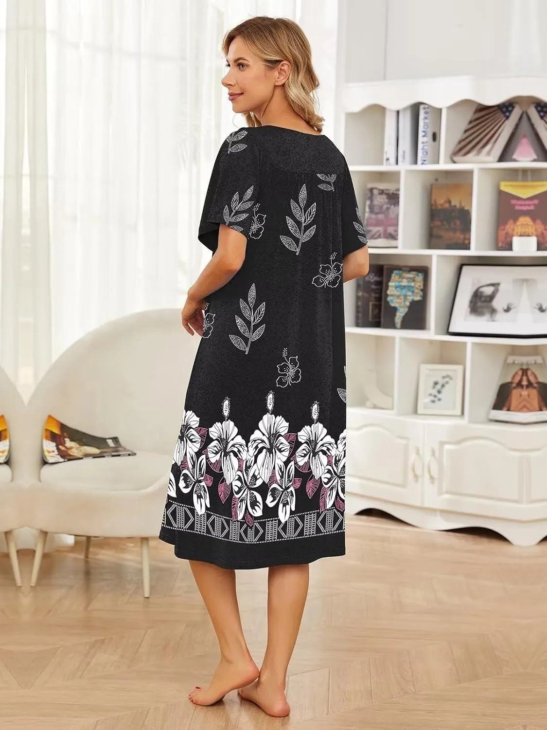 House Dresses for Women with Pockets Moo Moo Nightgown Short Sleeve Mumu Dress Lounge Dress S-5XL
