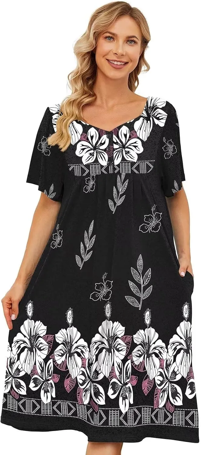 House Dresses for Women with Pockets Moo Moo Nightgown Short Sleeve Mumu Dress Lounge Dress S-5XL