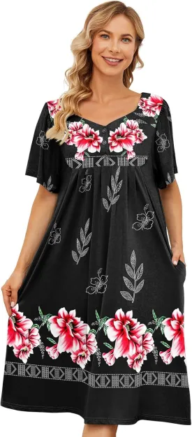 House Dresses for Women with Pockets Moo Moo Nightgown Short Sleeve Mumu Dress Lounge Dress S-5XL