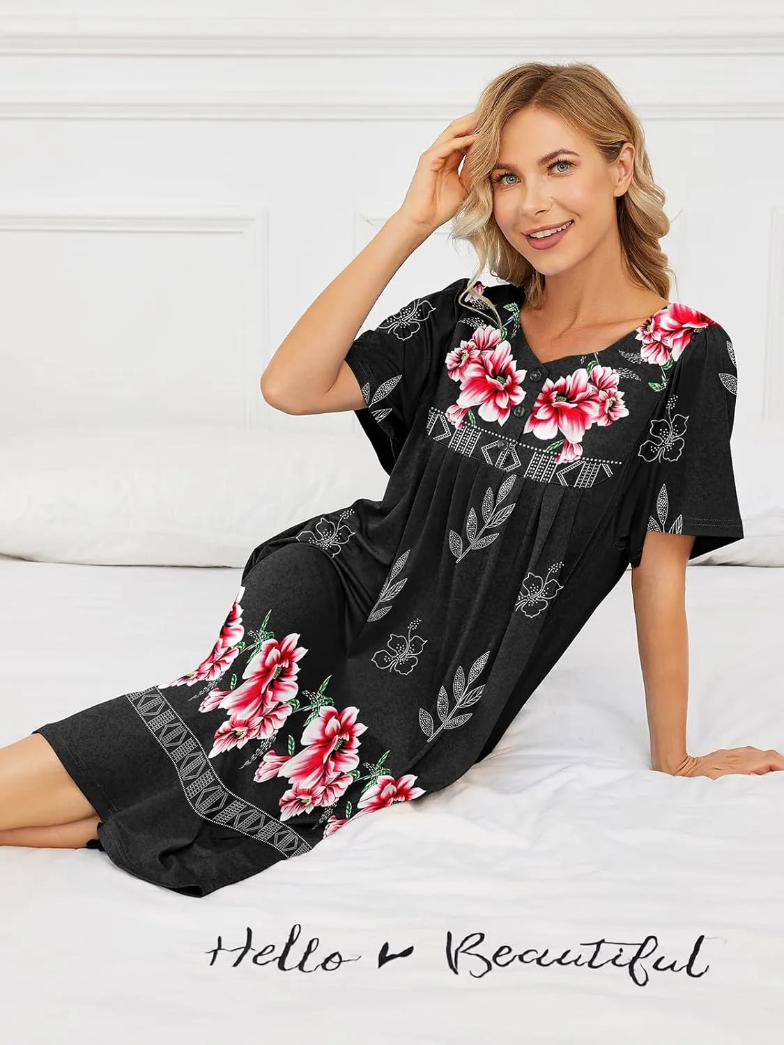 House Dresses for Women with Pockets Moo Moo Nightgown Short Sleeve Mumu Dress Lounge Dress S-5XL