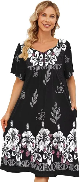 House Dresses for Women with Pockets Moo Moo Nightgown Short Sleeve Mumu Dress Lounge Dress S-5XL