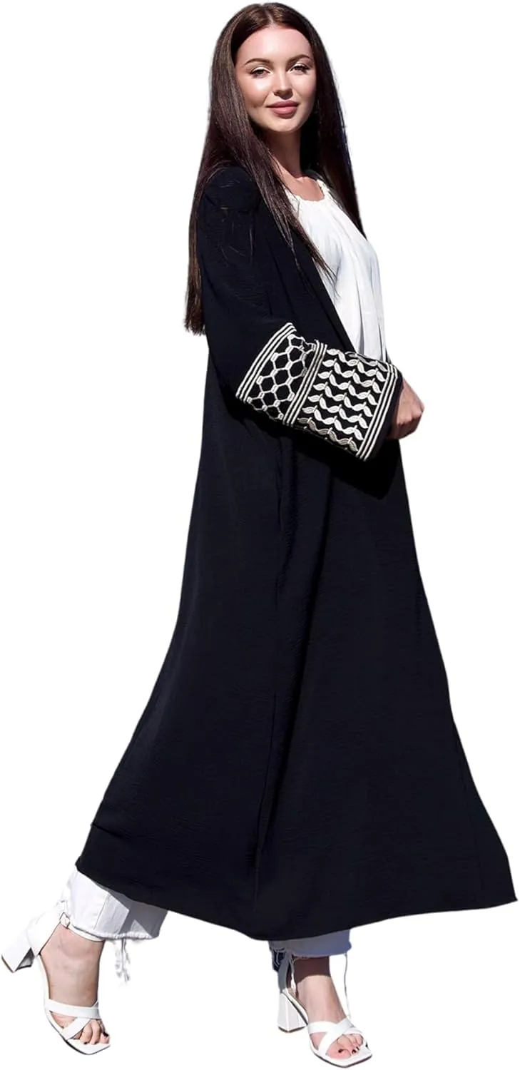 HUSN Serenity Black Robe Open-Front Abaya - Duster Cardigan with Golden Embroidered Sleeves - Womens Duster for Modest Women