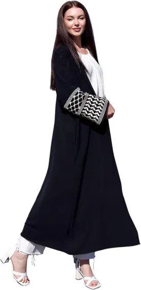 HUSN Serenity Black Robe Open-Front Abaya - Duster Cardigan with Golden Embroidered Sleeves - Womens Duster for Modest Women