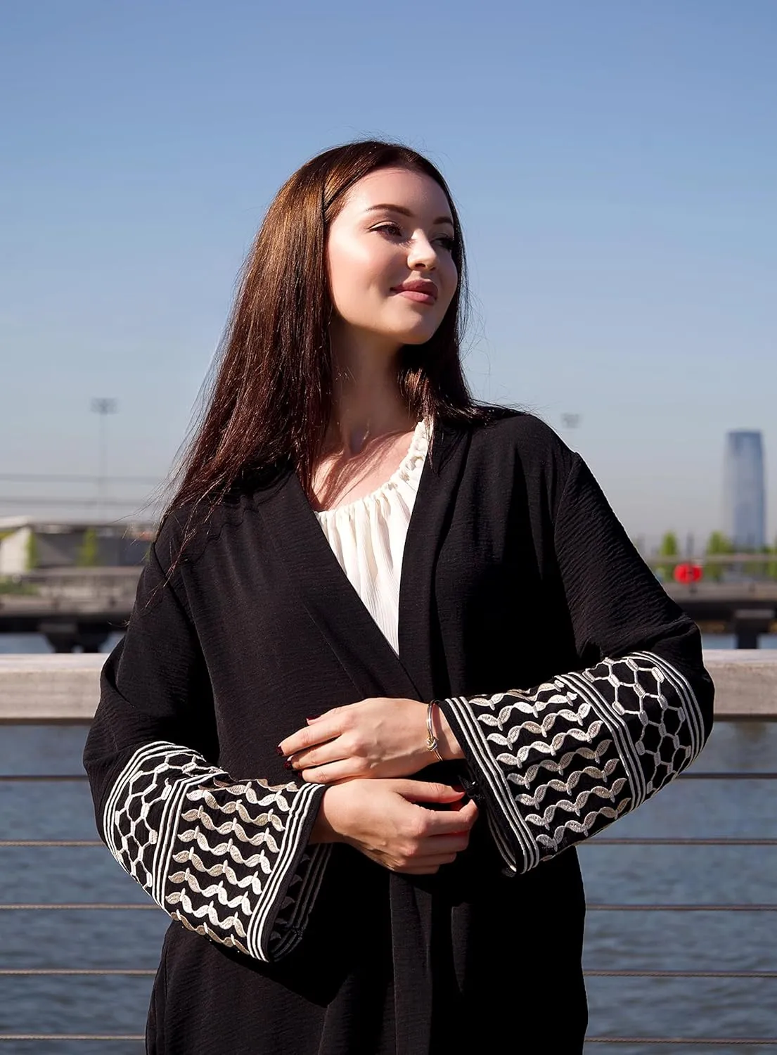 HUSN Serenity Black Robe Open-Front Abaya - Duster Cardigan with Golden Embroidered Sleeves - Womens Duster for Modest Women