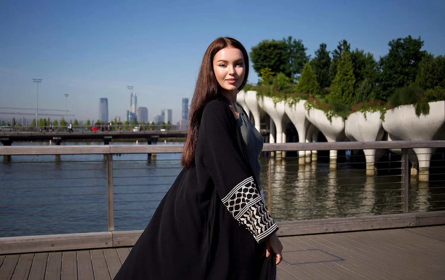 HUSN Serenity Black Robe Open-Front Abaya - Duster Cardigan with Golden Embroidered Sleeves - Womens Duster for Modest Women