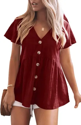 JayGate Womens Short Sleeve V Neck Blouse Button Down Shirt Loose Casual Ruffle Hem Babydoll Peplum Tops