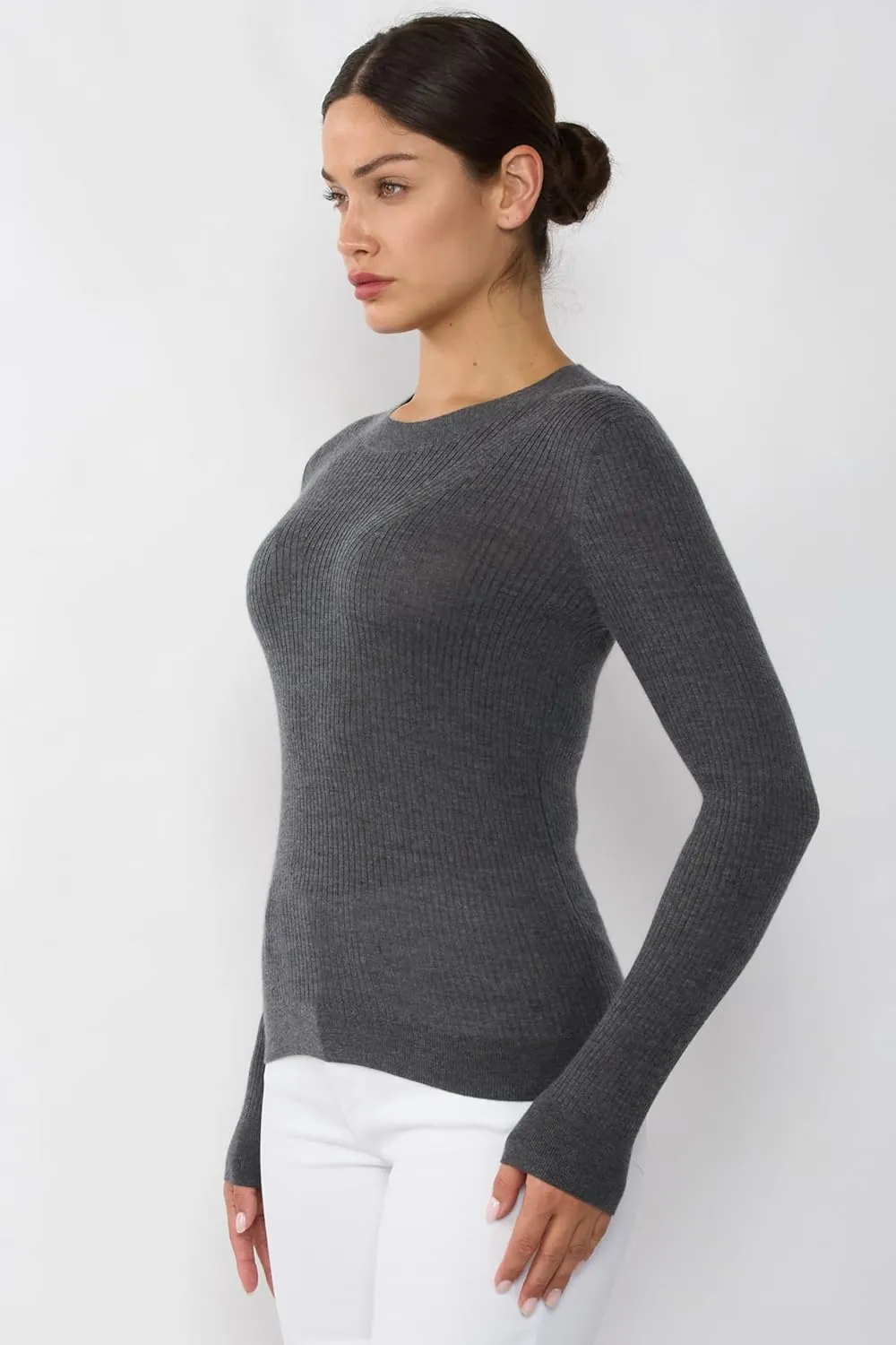 JENNIE LIU Tissue Weight Cashmere Silk Rib-Knit Crewneck Sweater