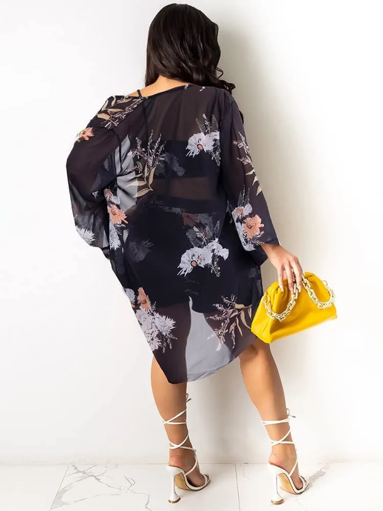 KEYUFANG Women 3 Piece Vocation Outfits Summer Suit Floral Kimono Cardigans Beach Cover Up Crop Cami Top Short Set