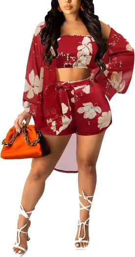 KEYUFANG Women 3 Piece Vocation Outfits Summer Suit Floral Kimono Cardigans Beach Cover Up Crop Cami Top Short Set