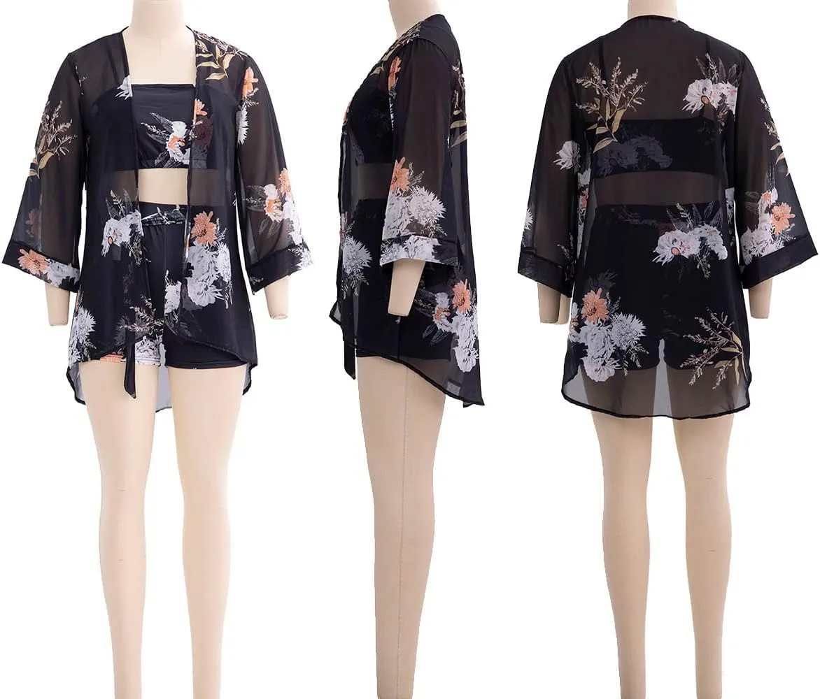 KEYUFANG Women 3 Piece Vocation Outfits Summer Suit Floral Kimono Cardigans Beach Cover Up Crop Cami Top Short Set