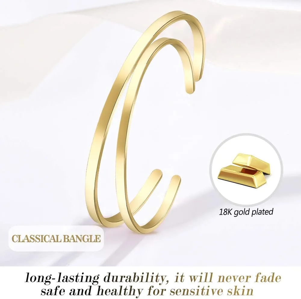 Lolalet Thin Open Cuff Bracelet, Christmas Gift for Girlfriend Wife Mom, 18K Gold Plated Couples Oval Love Bracelets, Plain Polished Finish Open Cuff Bangle Jewelry Gift for Men Women