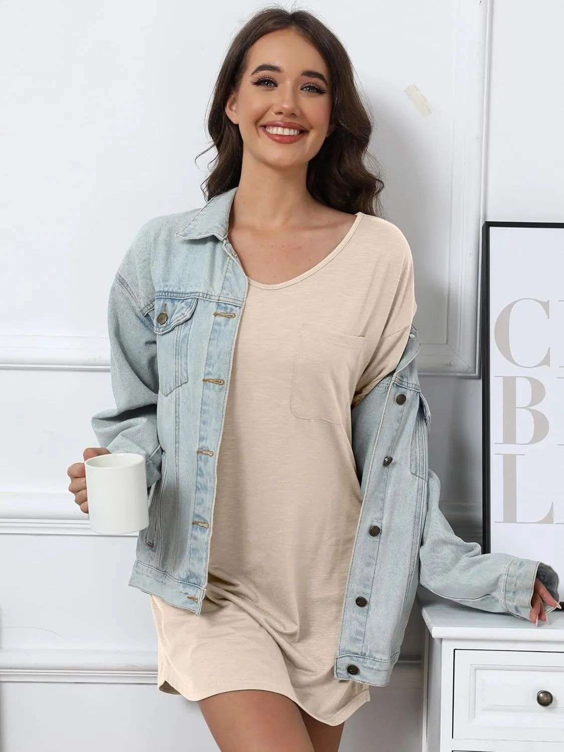 Mawor Nightgowns for Women V Neck Short Sleeve Soft Cotton Blend Oversized Sleep Shirts Tshirts