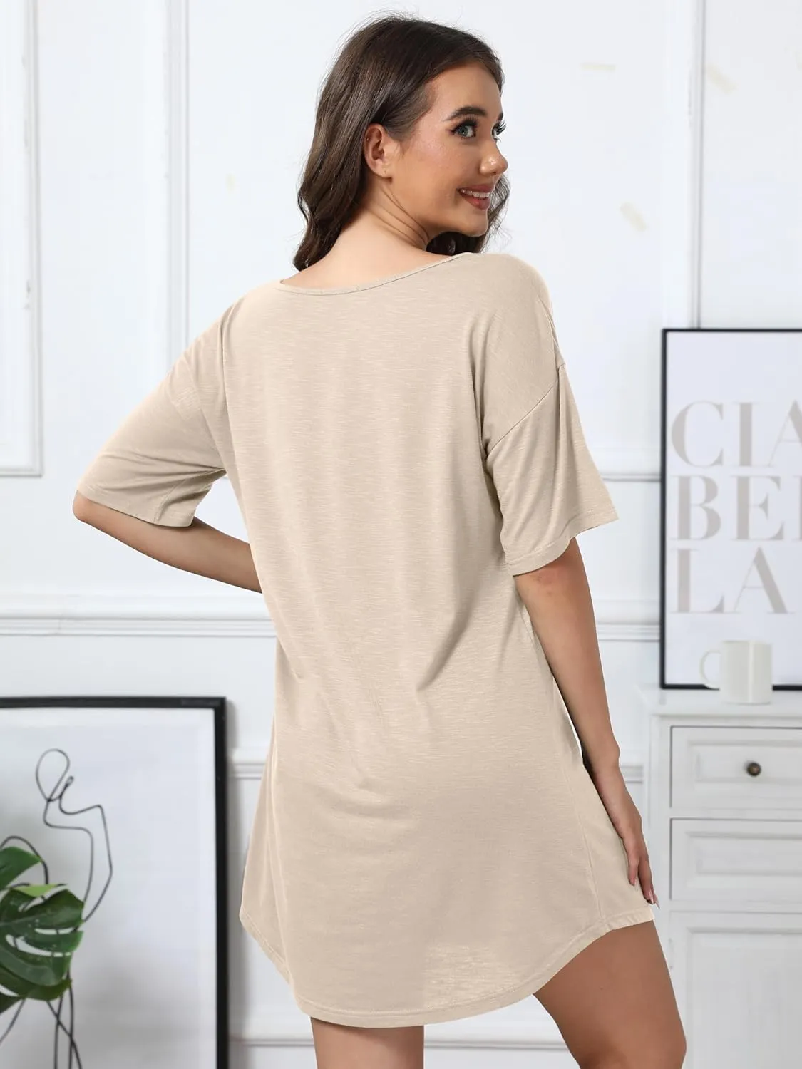 Mawor Nightgowns for Women V Neck Short Sleeve Soft Cotton Blend Oversized Sleep Shirts Tshirts