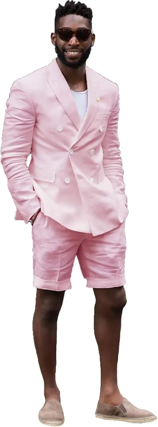 Mens Double Breasted Linen Suit Set with Shorts 2 Piece Suits for Men Beach Wedding JXZ014
