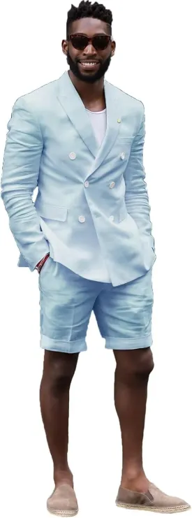 Mens Double Breasted Linen Suit Set with Shorts 2 Piece Suits for Men Beach Wedding JXZ014