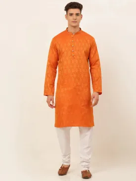 Men'S Orange And Golden Woven Design Kurta Pajama