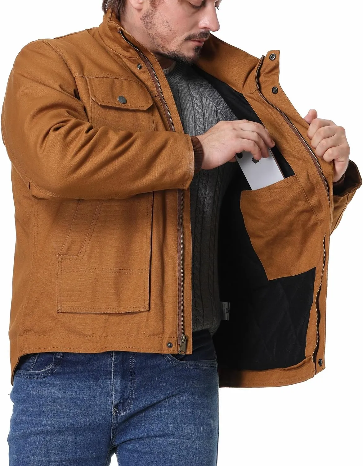 Men's Quilted Flannel Lined Work Coat Long-Lasting Loose Casual Jacket Waterproof Workwear