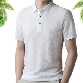 Mesh Ice Silk Short-Sleeved T-Shirt, Men Summer Comfortable Breathable Ice Silk Short Sleeve Lapel Golf Polo Shirts (White,M)