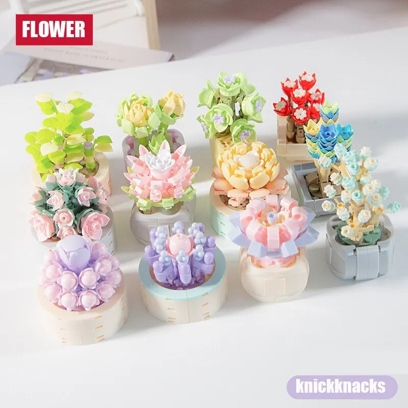 Mini Brick Succulent Potted Flower Model Small Ornament DIY Plant Bonsai Flower Building Block Children's Toy Girl Holiday Gift