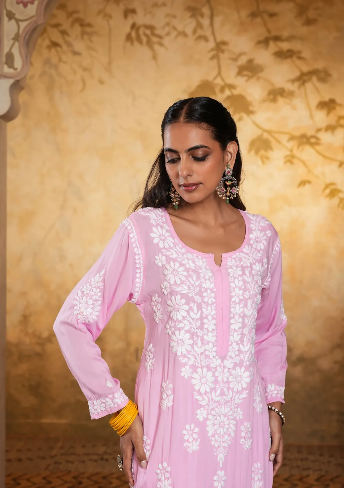 Modal Chikankari Solid Women's Long Kurta - Pink
