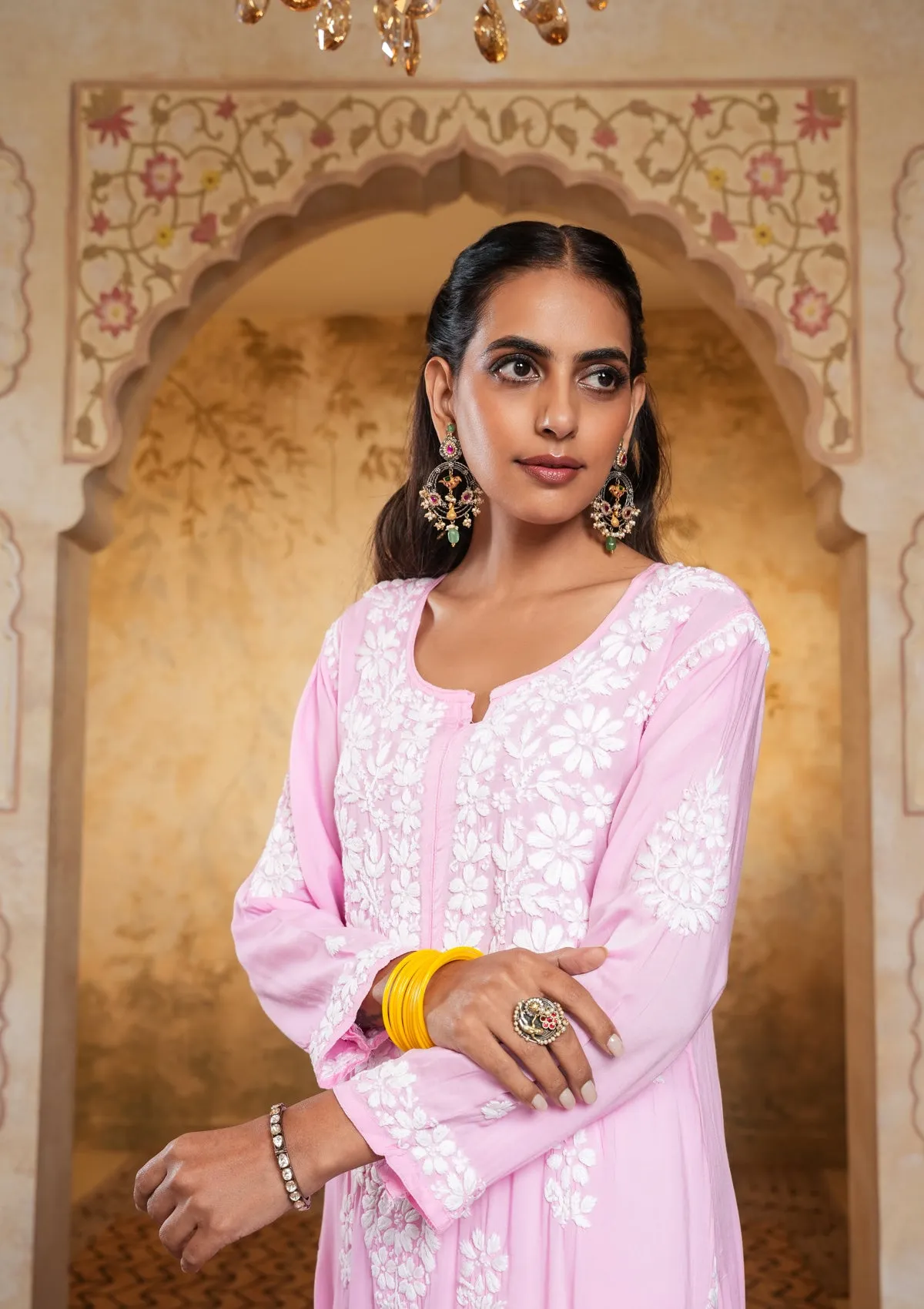 Modal Chikankari Solid Women's Long Kurta - Pink