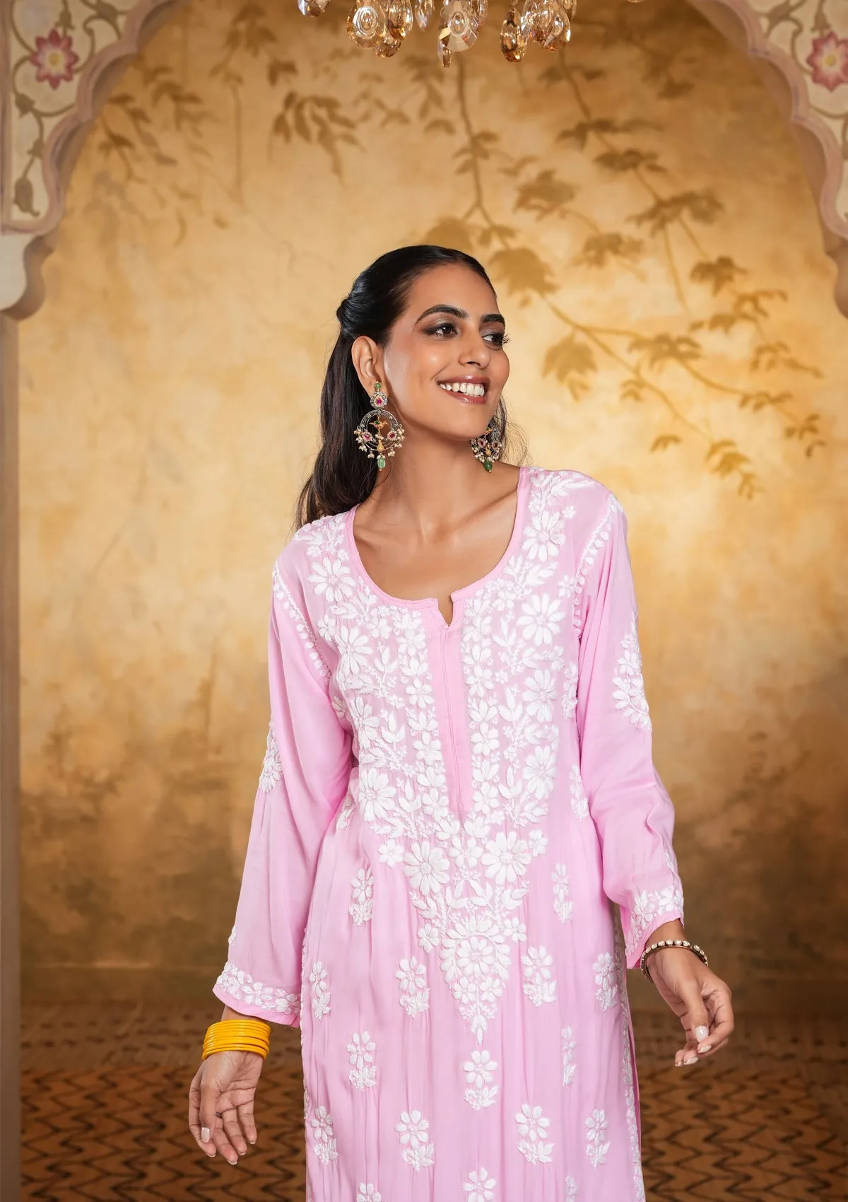 Modal Chikankari Solid Women's Long Kurta - Pink